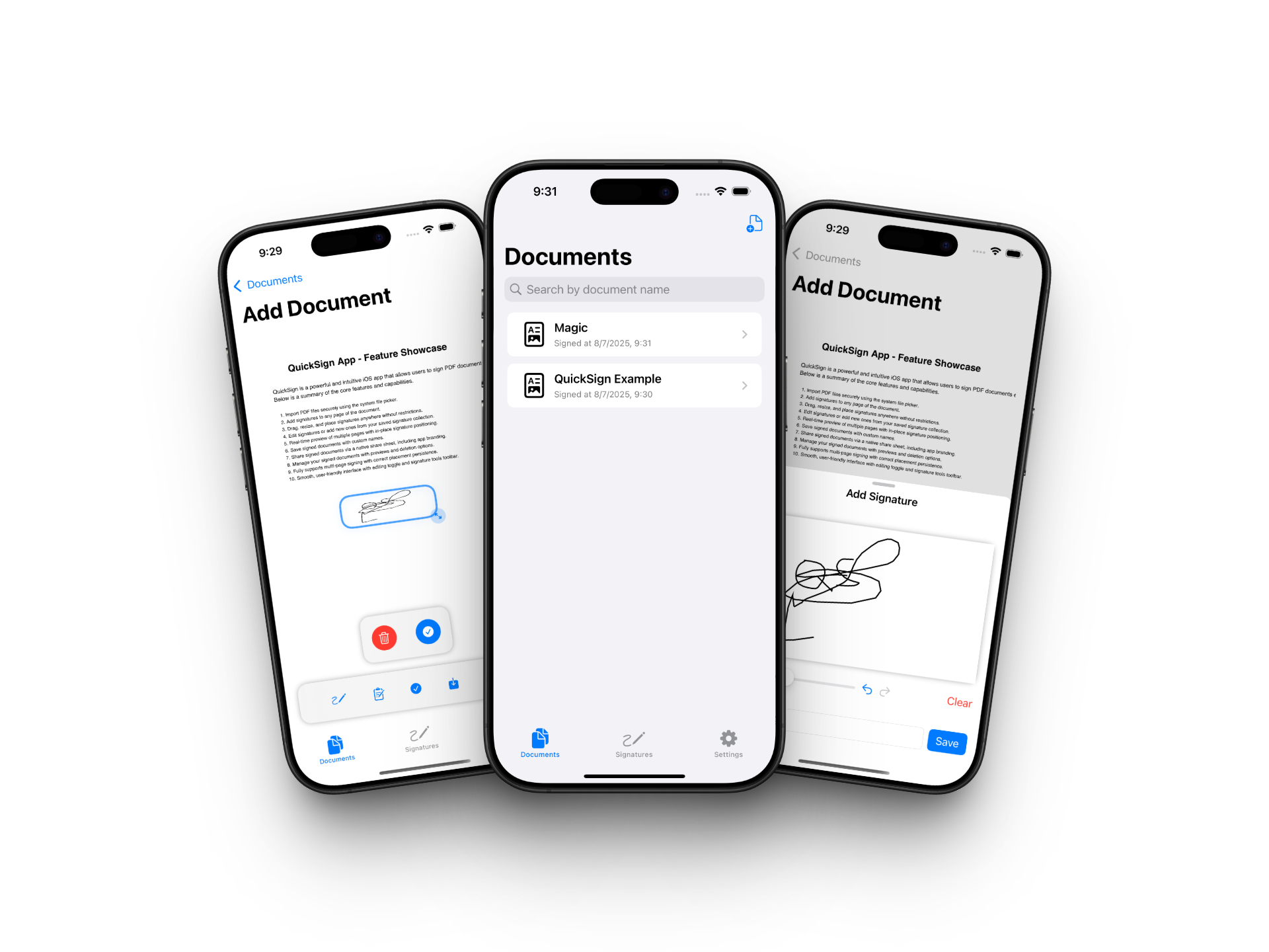 QuickSign app interface showing document signing workflow